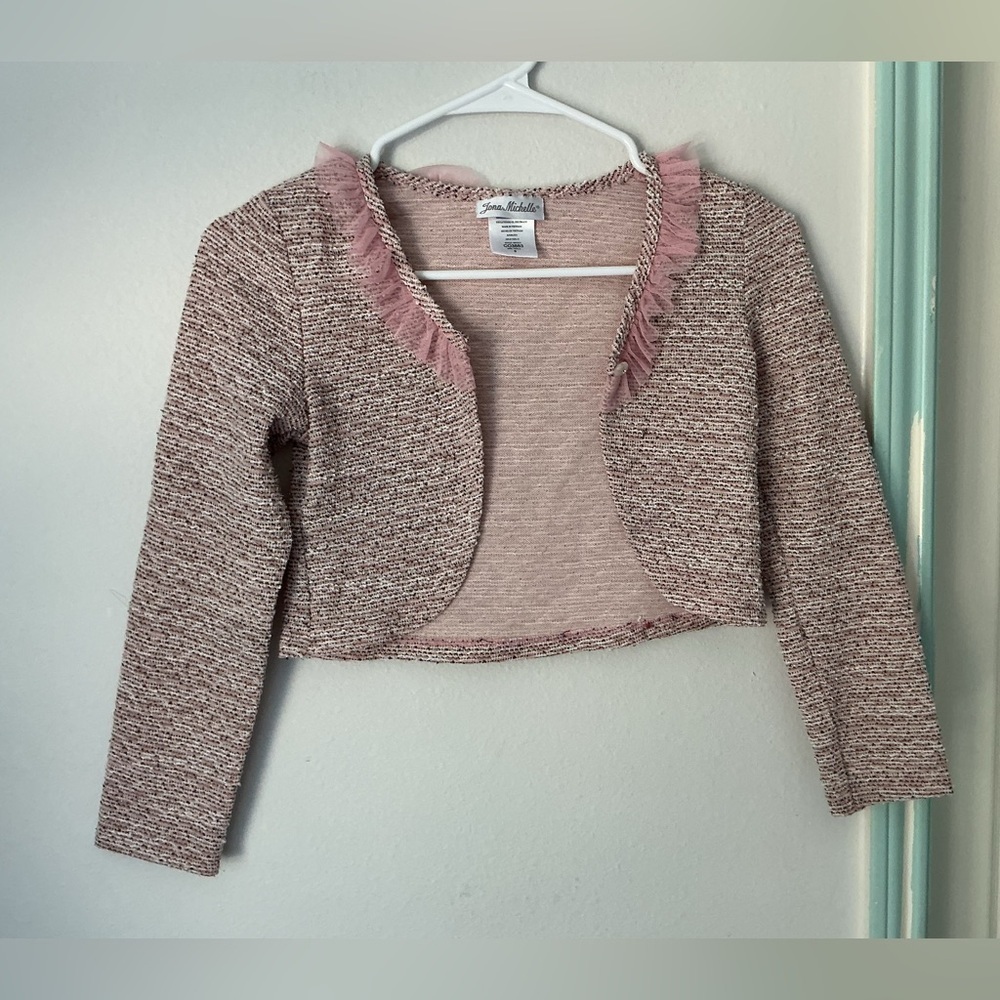 Pink Tweed Open-Front Sweater *